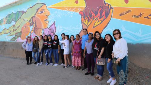 Students on Global Trip Stand by Mural 