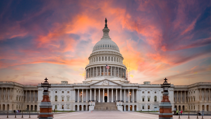 Sunrise over the United States Capitol building in Washington DC