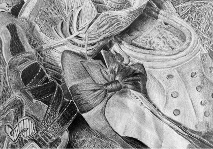 Student illustration of family shoes in black and white